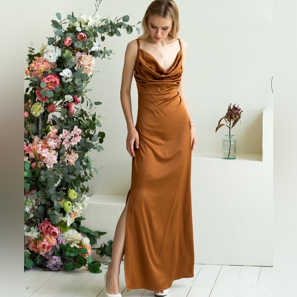 ❗️NEW❗️ Khaki Spaghetti Strap Cowl Neck Long Silk Dress - Picture 8 of 9